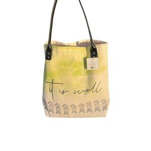 Green and Cream Canvas Tote with Geometric Pattern